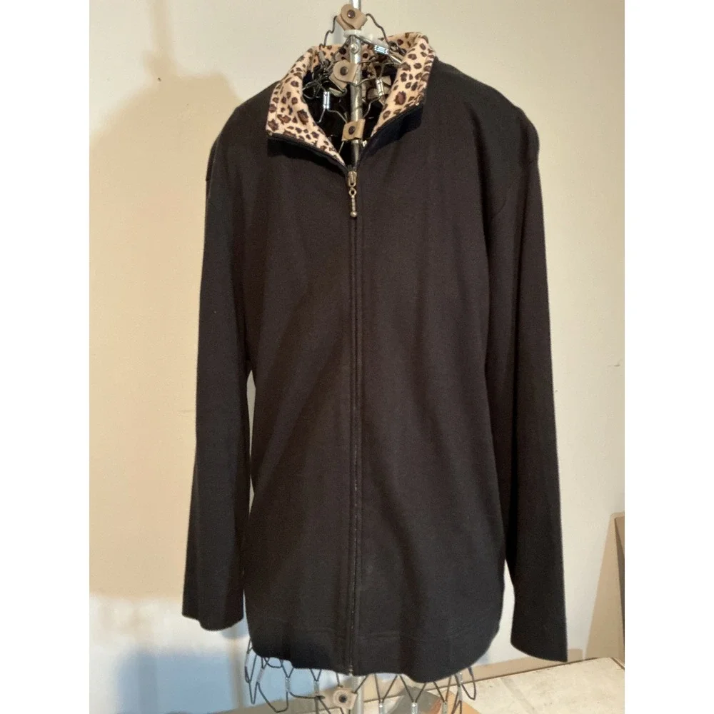 Studio Works Womens Black Cotton Full Zip Cardigan Jacket Leopard Collar Large